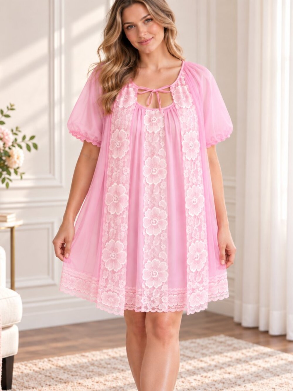 Vintage Pink Peignoir Lingerie Set L Babydoll Sheer Robe Nightgown 2 Piece Nylon